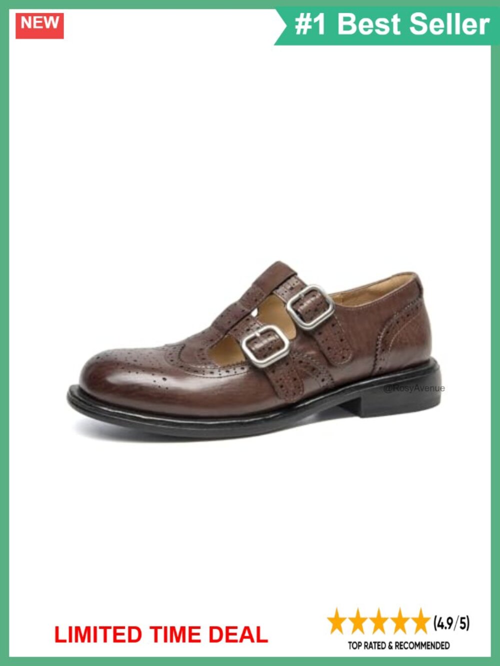 Genuine Leather T-Strap Mary Jane Oxford Flats Wingtip Brogue Low Heel
